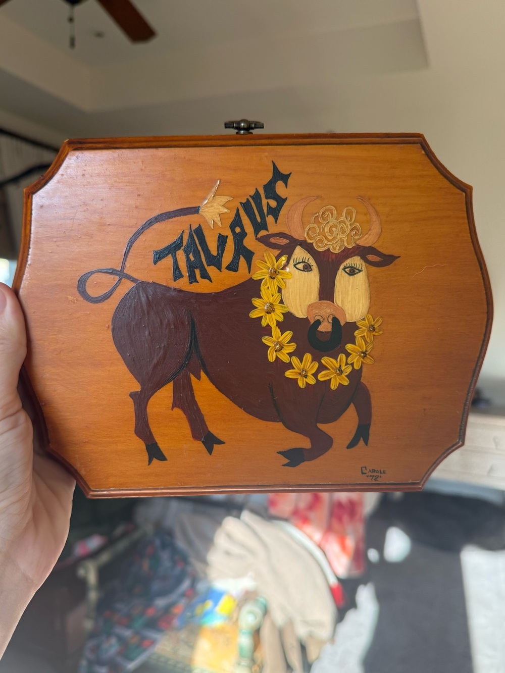 Vintage 1972 Hand-Painted Taurus Zodiac Wood Plaque Hanging Wall Decor Antique